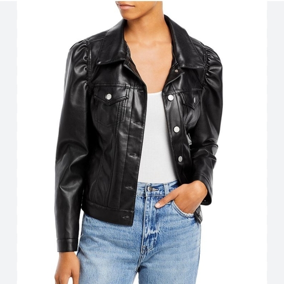 NWOT AQUA FAUX LEATHER PUFF SLEEVE JACKET BLOOMINGDALE EXCLUSIVE SZ LARGE - Picture 1 of 11